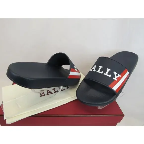 NIB BALLY SIMON NAVY INK RUBBER RED WHITE WEB LOGO SANDAL POOL SLIDES 11 D ITALY